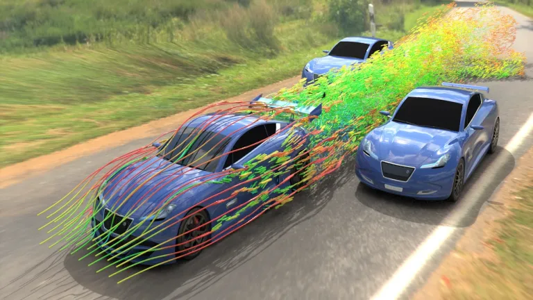 Electric vehicle aerodynamics pathlines > Dassault Systemes